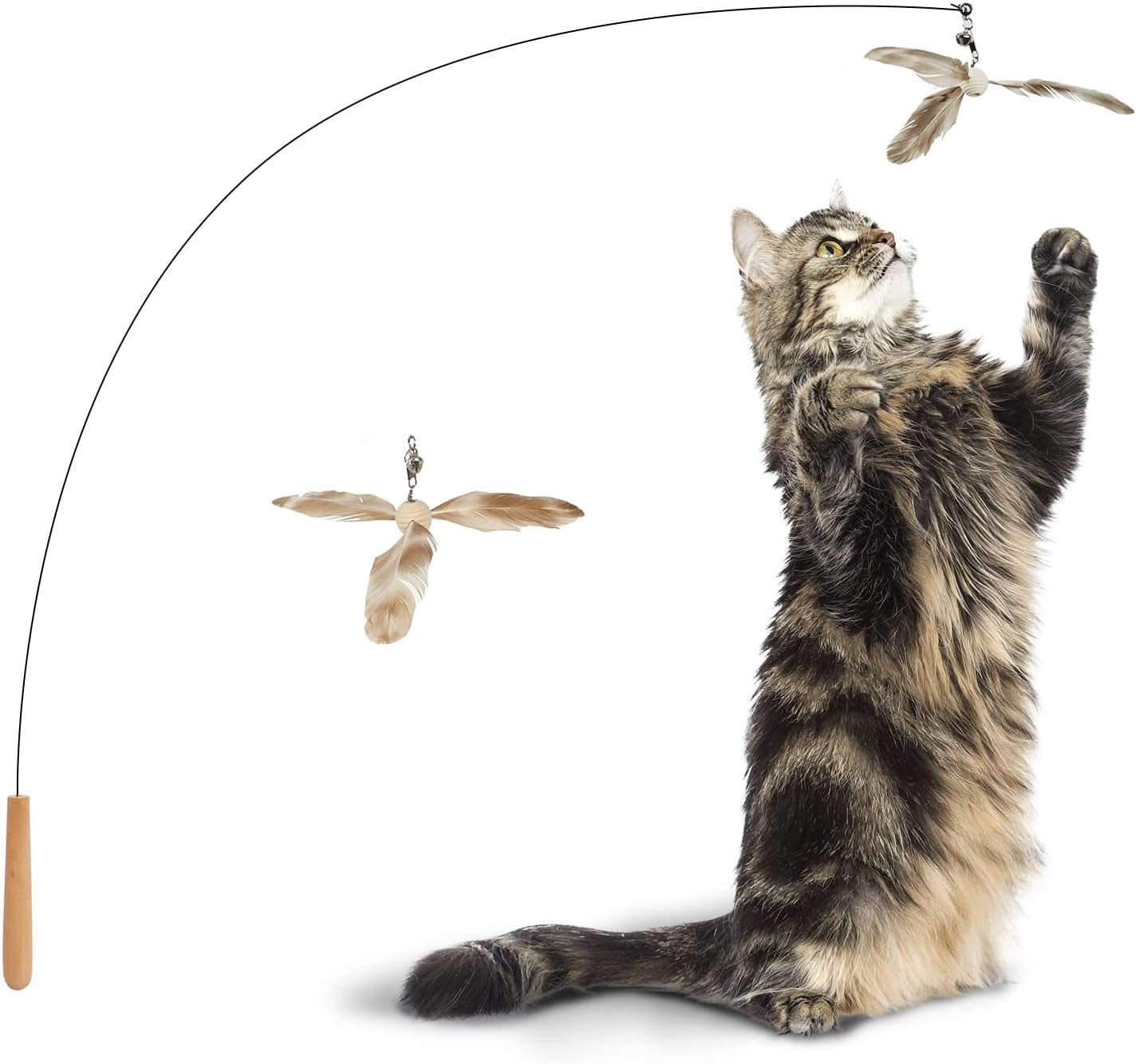 Interactive Cat Feather Wand - 35.5" Long with Spinning Feathers & Bell
