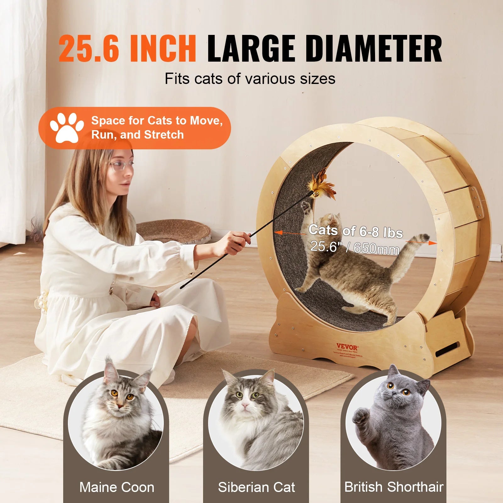 Silent Cat Exercise Wheel & Bed - Natural Solid Wood, All Sizes, Detachable Carpet, Reduces Paw Injuries