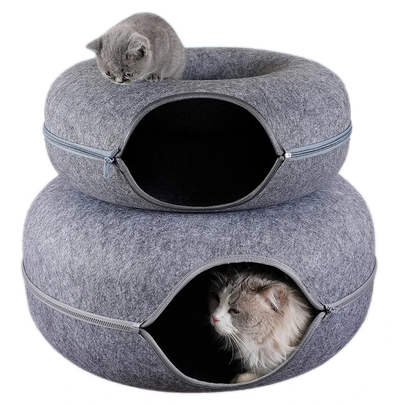 Donut Cozy Cat Cave & Tunnel Bed - Interactive Play, 2 Sizes, Foldable Wool Felt