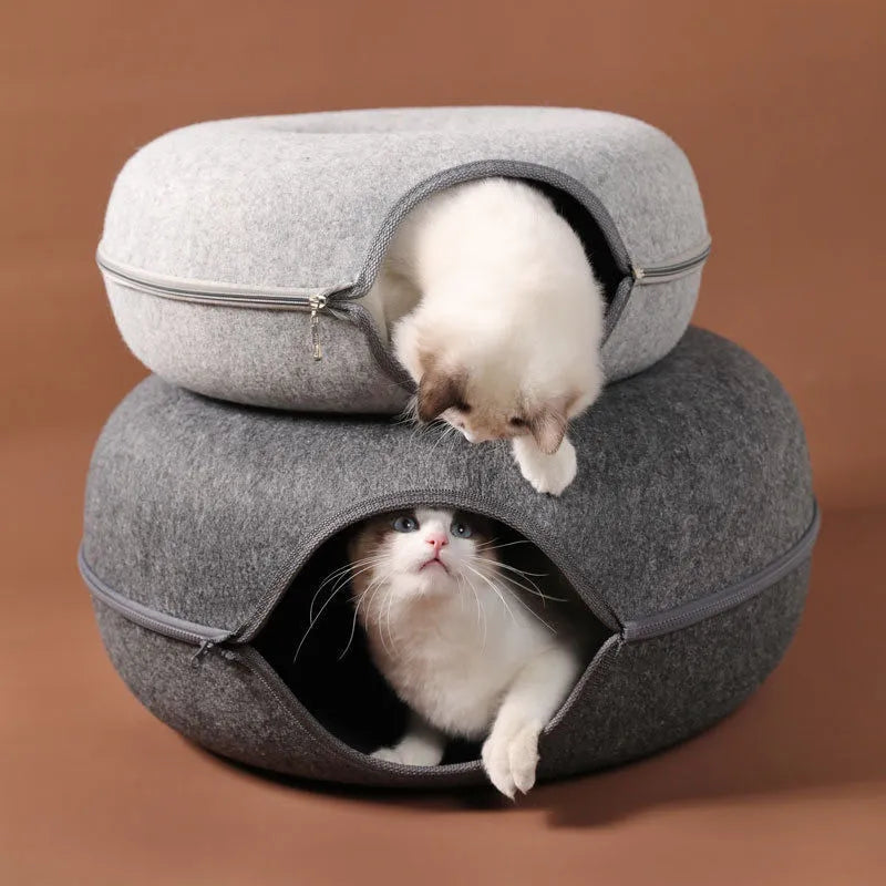 Donut Cozy Cat Cave & Tunnel Bed - Interactive Play, 2 Sizes, Foldable Wool Felt