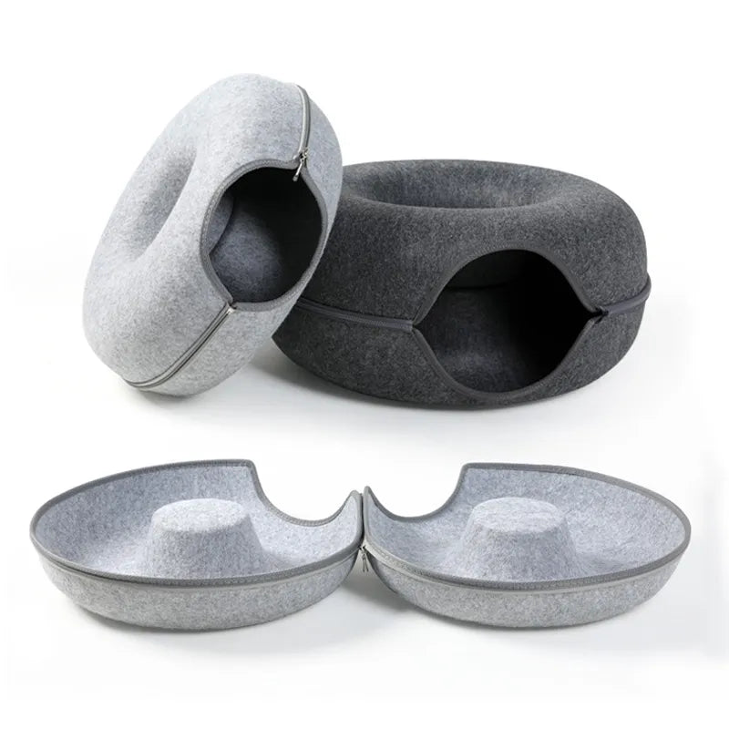 Donut Cozy Cat Cave & Tunnel Bed - Interactive Play, 2 Sizes, Foldable Wool Felt