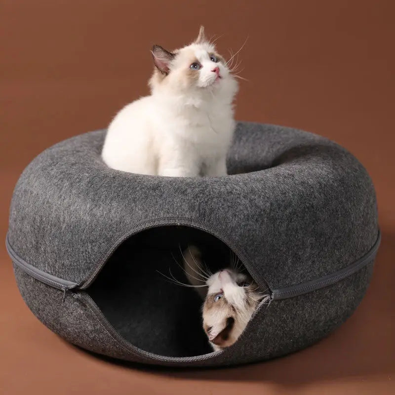 Donut Cozy Cat Cave & Tunnel Bed - Interactive Play, 2 Sizes, Foldable Wool Felt