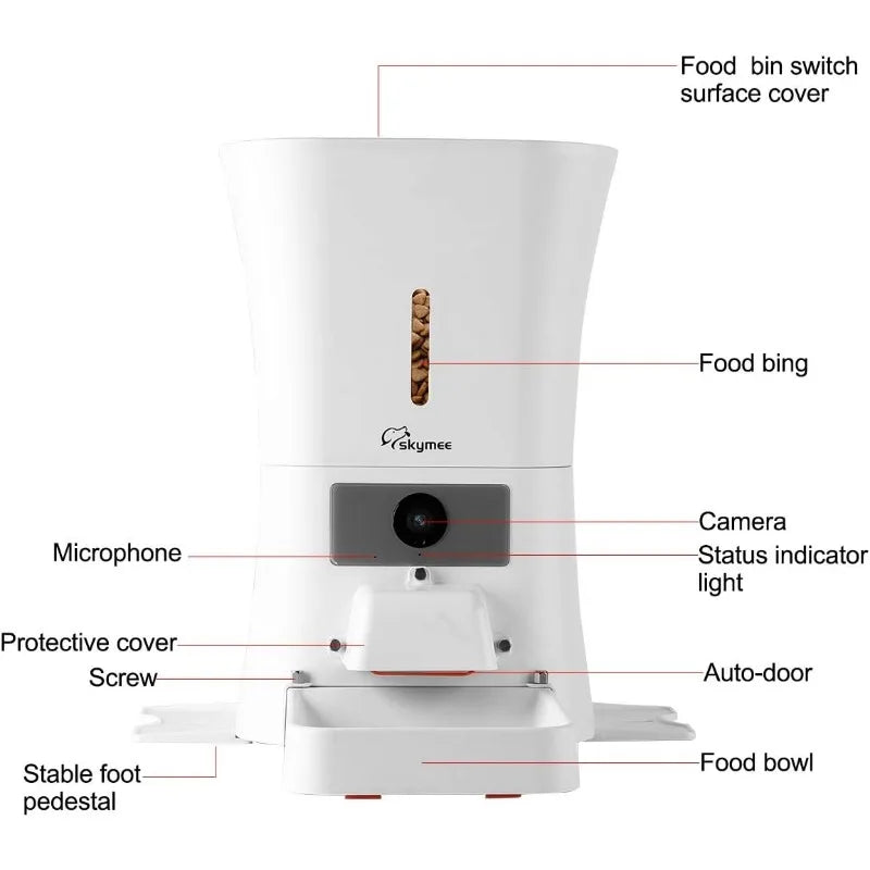 Skymee Smart Pet Feeder with 1080P HD Camera, 8L/12L Food Dispenser, Treat Dispenser, and App Control for Cats & Dogs