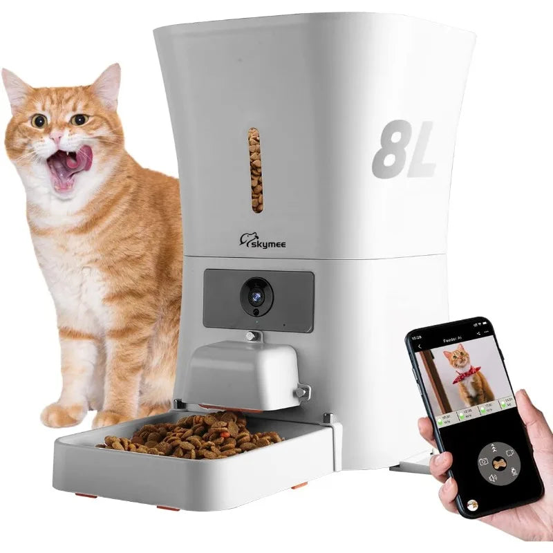 Skymee Smart Pet Feeder with 1080P HD Camera, 8L/12L Food Dispenser, Treat Dispenser, and App Control for Cats & Dogs