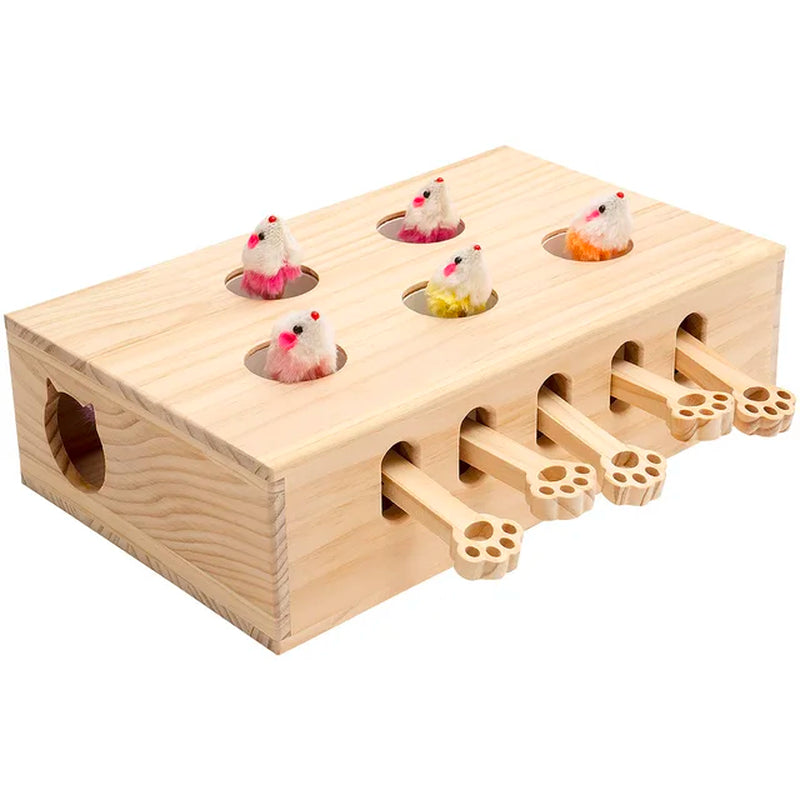 Interactive Whack-A-Mole Cat Toy - Solid Wood, Multi-Feature, Indoor Hunting Game (13.2x10.2x3.9 in)