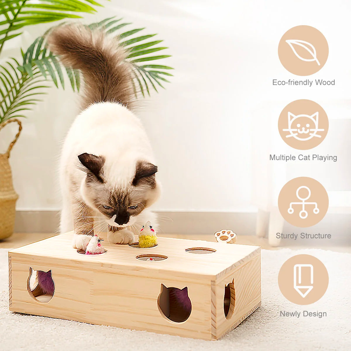 Interactive Whack-A-Mole Cat Toy - Solid Wood, Multi-Feature, Indoor Hunting Game (13.2x10.2x3.9 in)