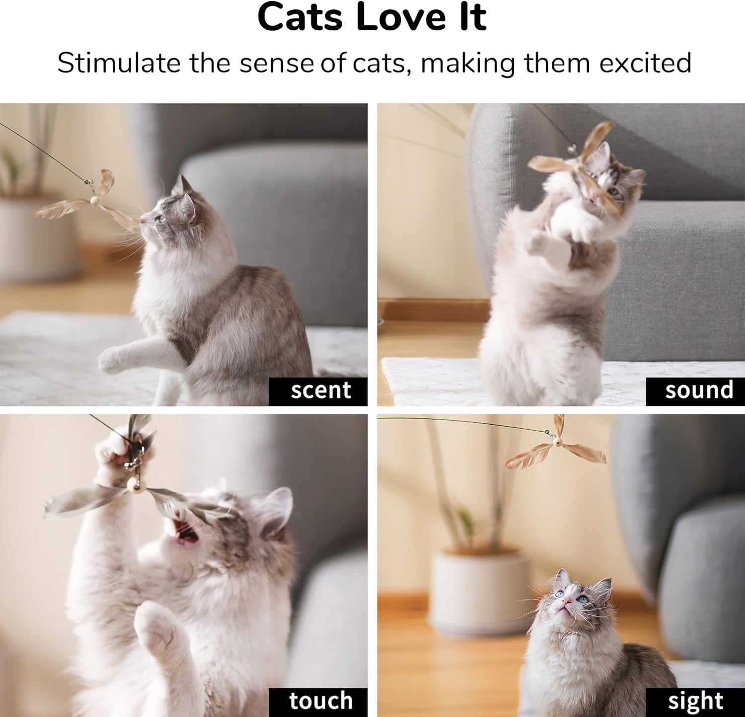 Interactive Cat Feather Wand - 35.5" Long with Spinning Feathers & Bell