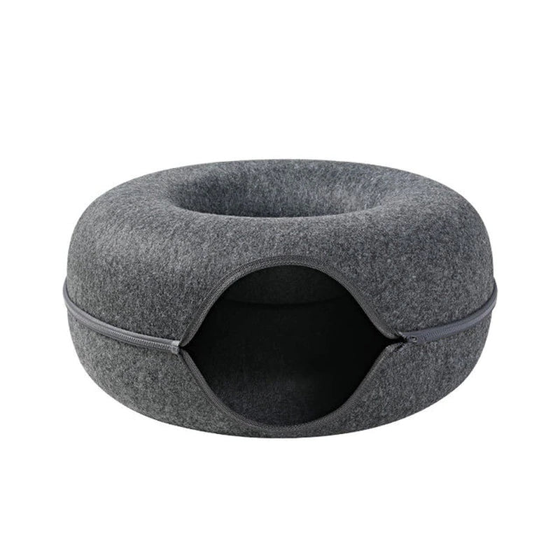 Donut Cozy Cat Cave & Tunnel Bed - Interactive Play, 2 Sizes, Foldable Wool Felt