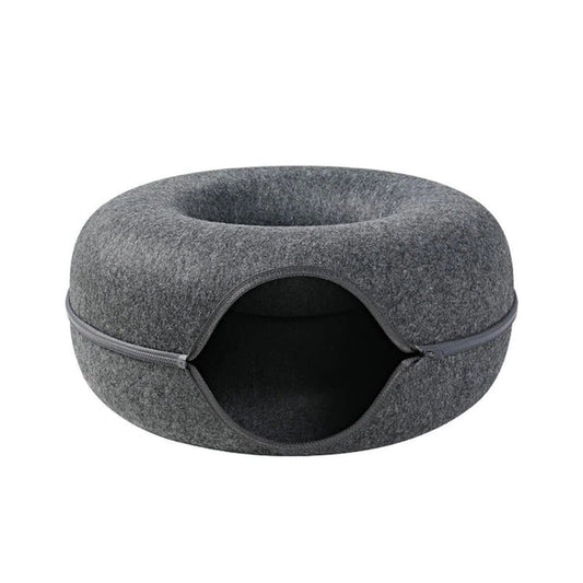 Donut Cozy Cat Cave & Tunnel Bed - Interactive Play, 2 Sizes, Foldable Wool Felt