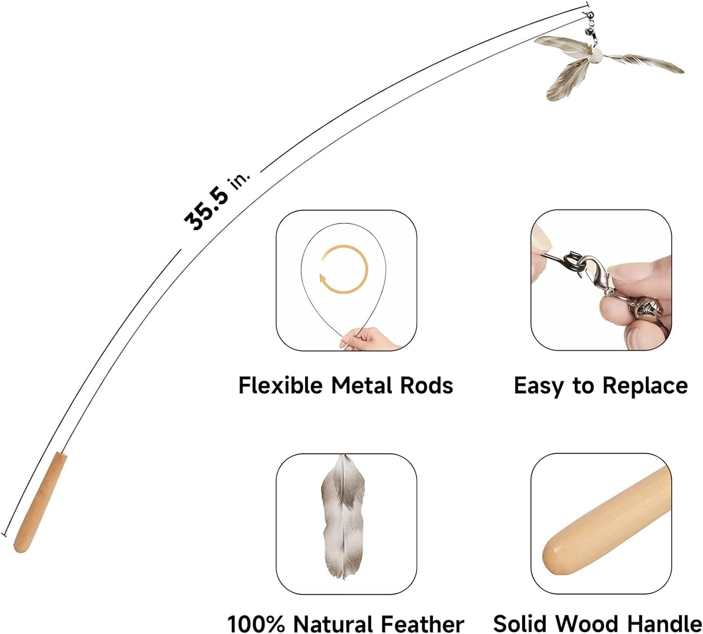 Interactive Cat Feather Wand - 35.5" Long with Spinning Feathers & Bell